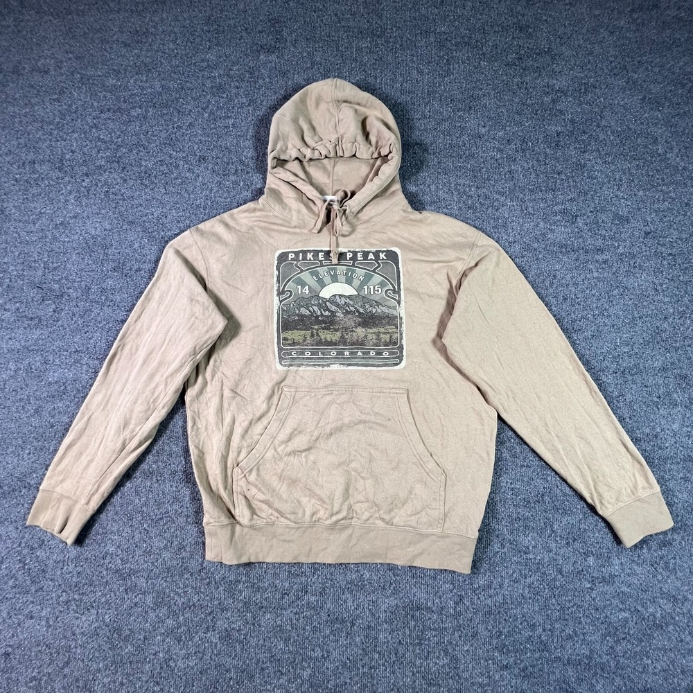 Techstyles Hoodie Womens L Beige Pikes Peak Graphic Pullover Training Running